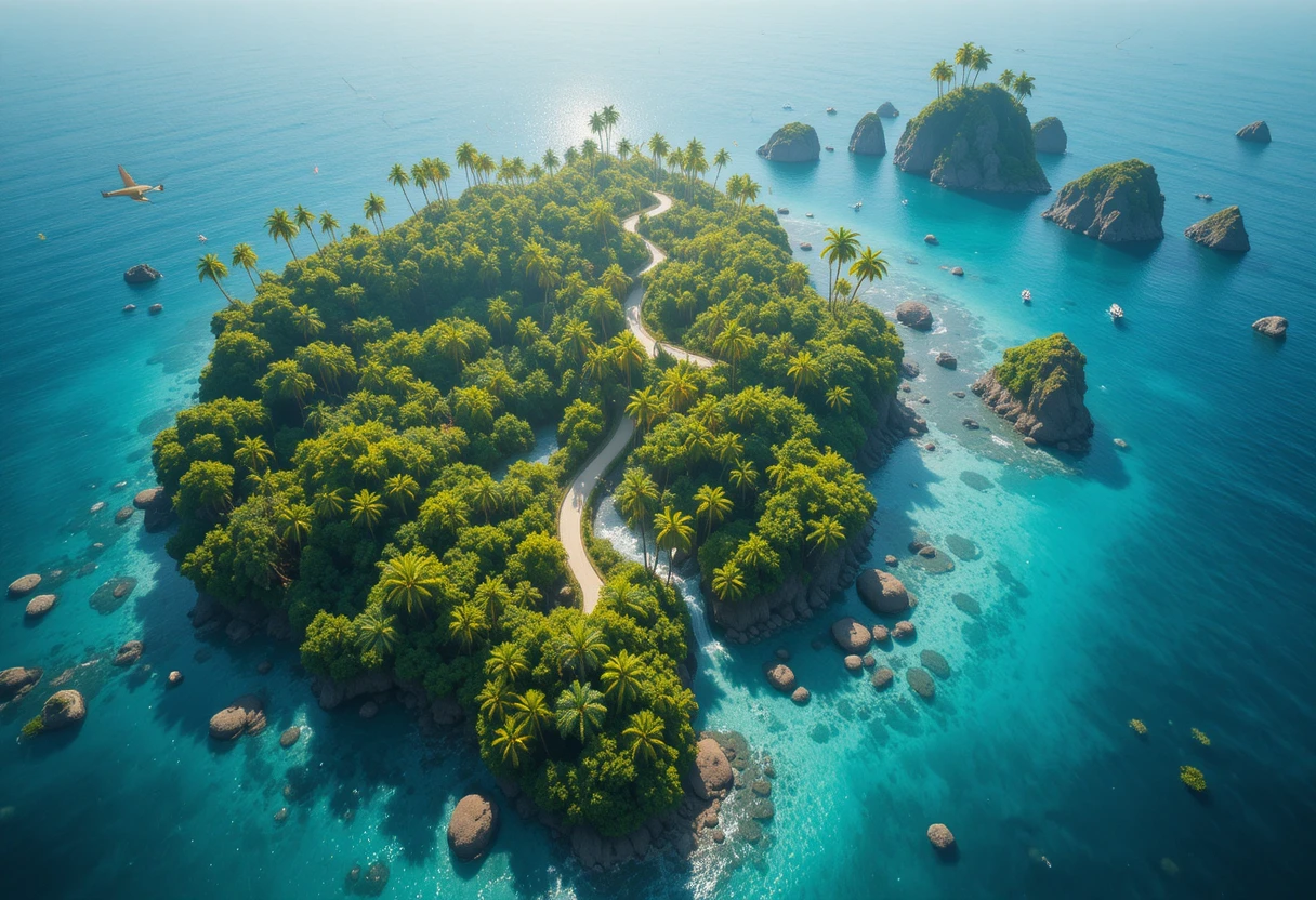 俯瞰碧綠海水上的熱帶島嶼天堂空拍景觀