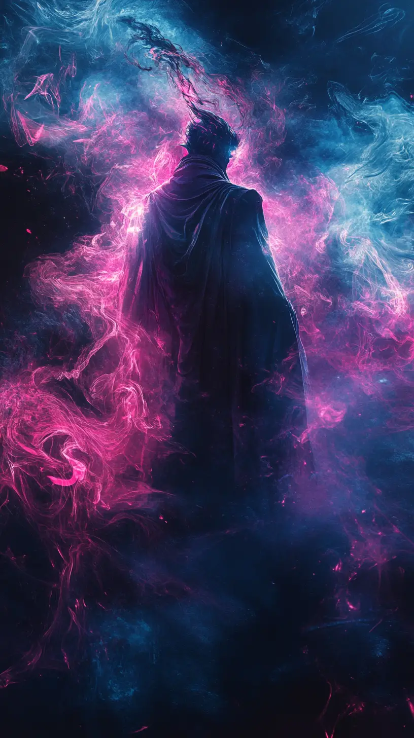 Neon lit wizard in swirling magical smoke and runes