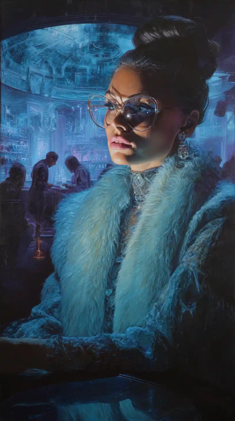 Elegant woman in couture inside a surreal nightclub scene