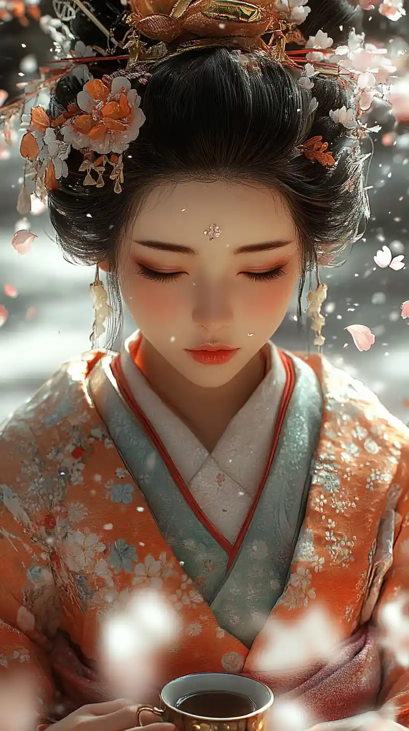 Japanese girl in kimono with falling cherry blossoms
