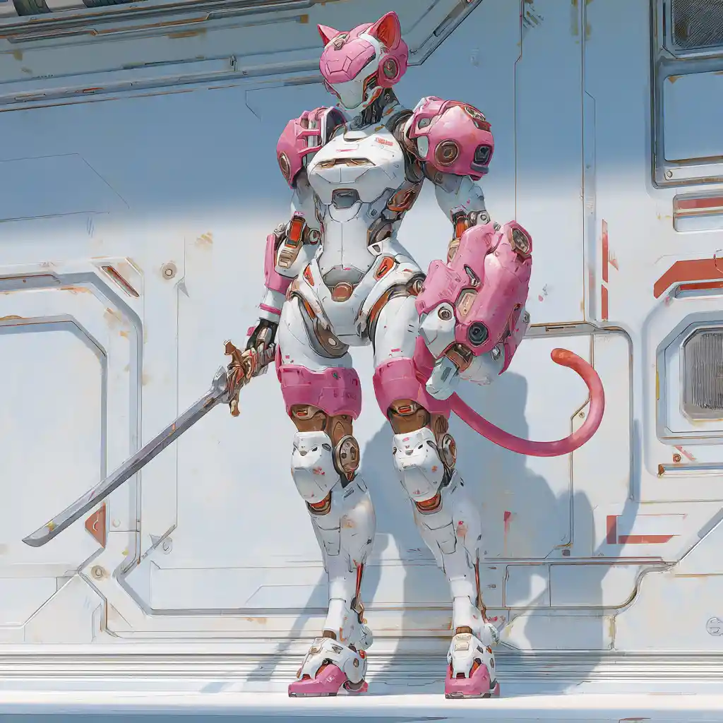 Anime cat girl in pink and white sci fi armor