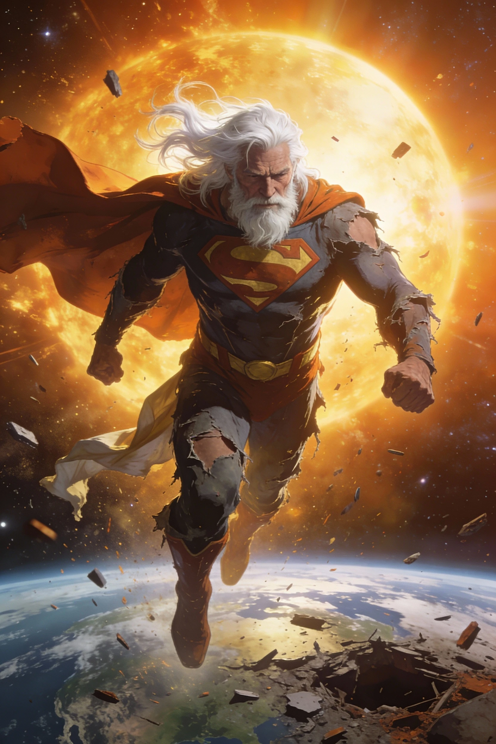 Aged superhero floating in space before a ruined Earth