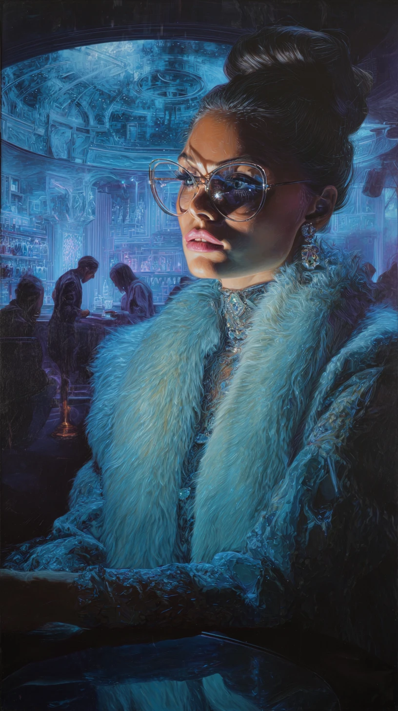 Elegant woman in couture inside a surreal nightclub scene