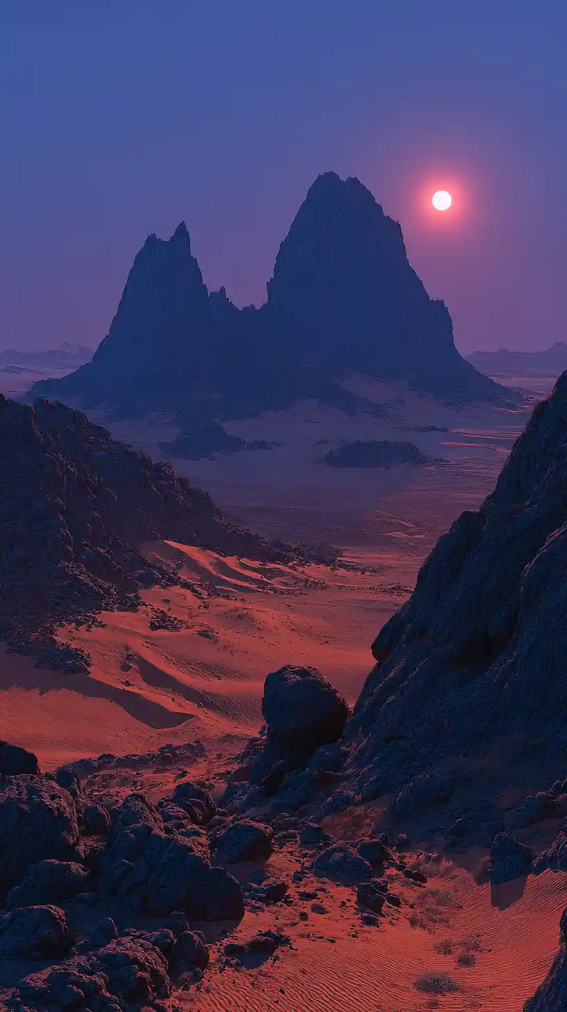 Alien twilight over volcanic peaks in sahara desert