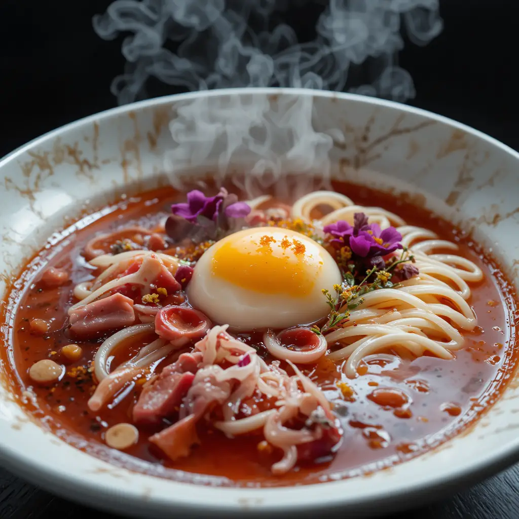 Futuristic ramen with clear duck and cherry consomme