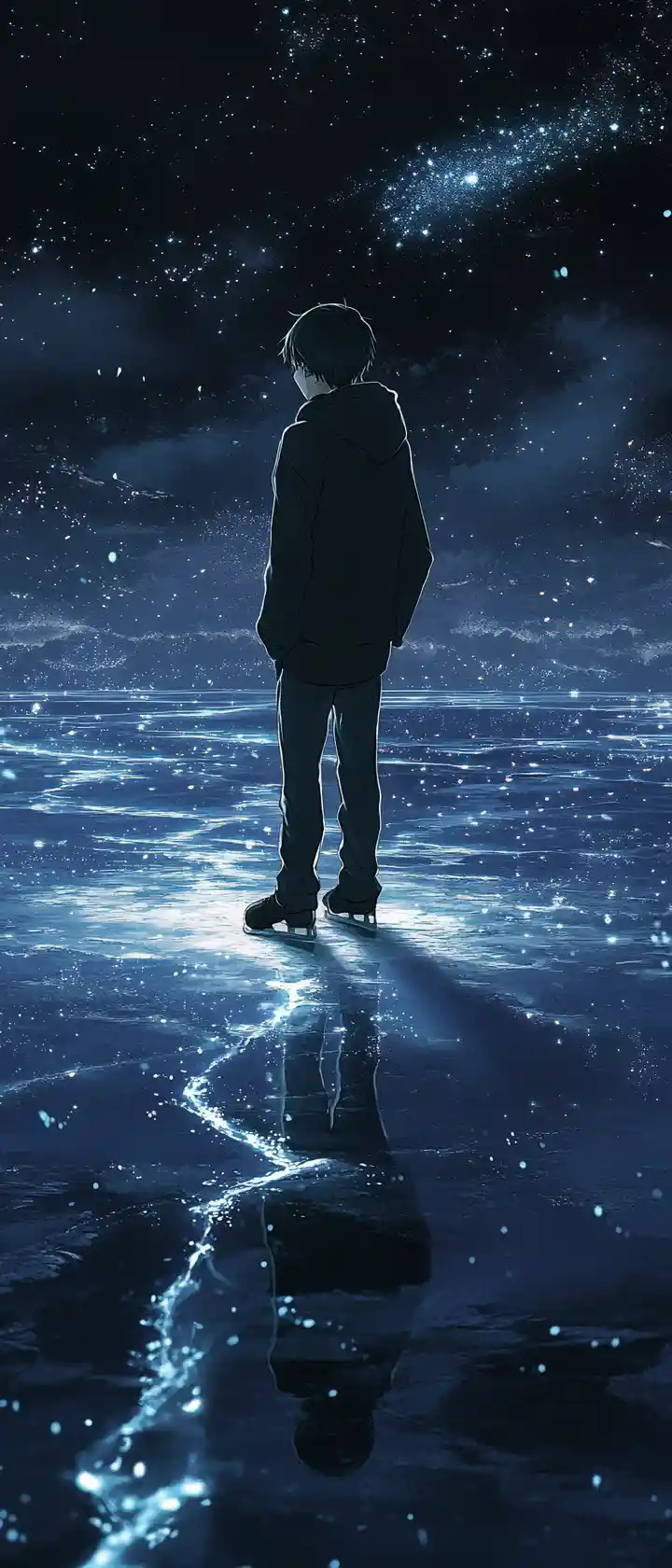Young man on frozen midnight lake touching cracked ice
