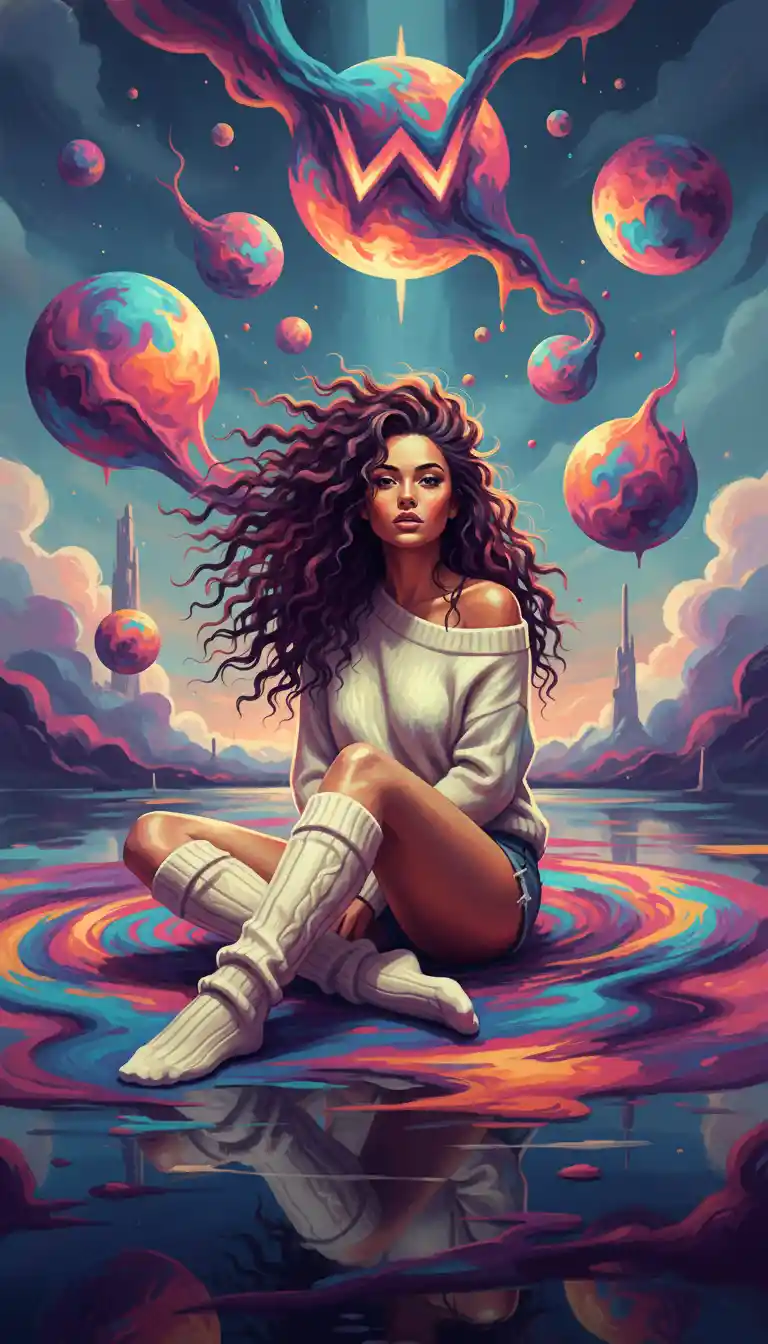 Surreal woman in paint puddle within a dreamy fantasy scene