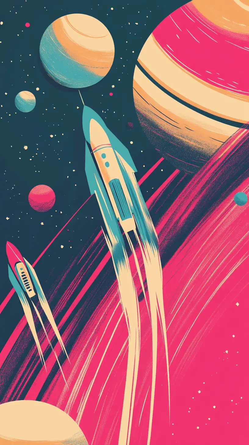 Retro rocketships racing through colorful outer space scene