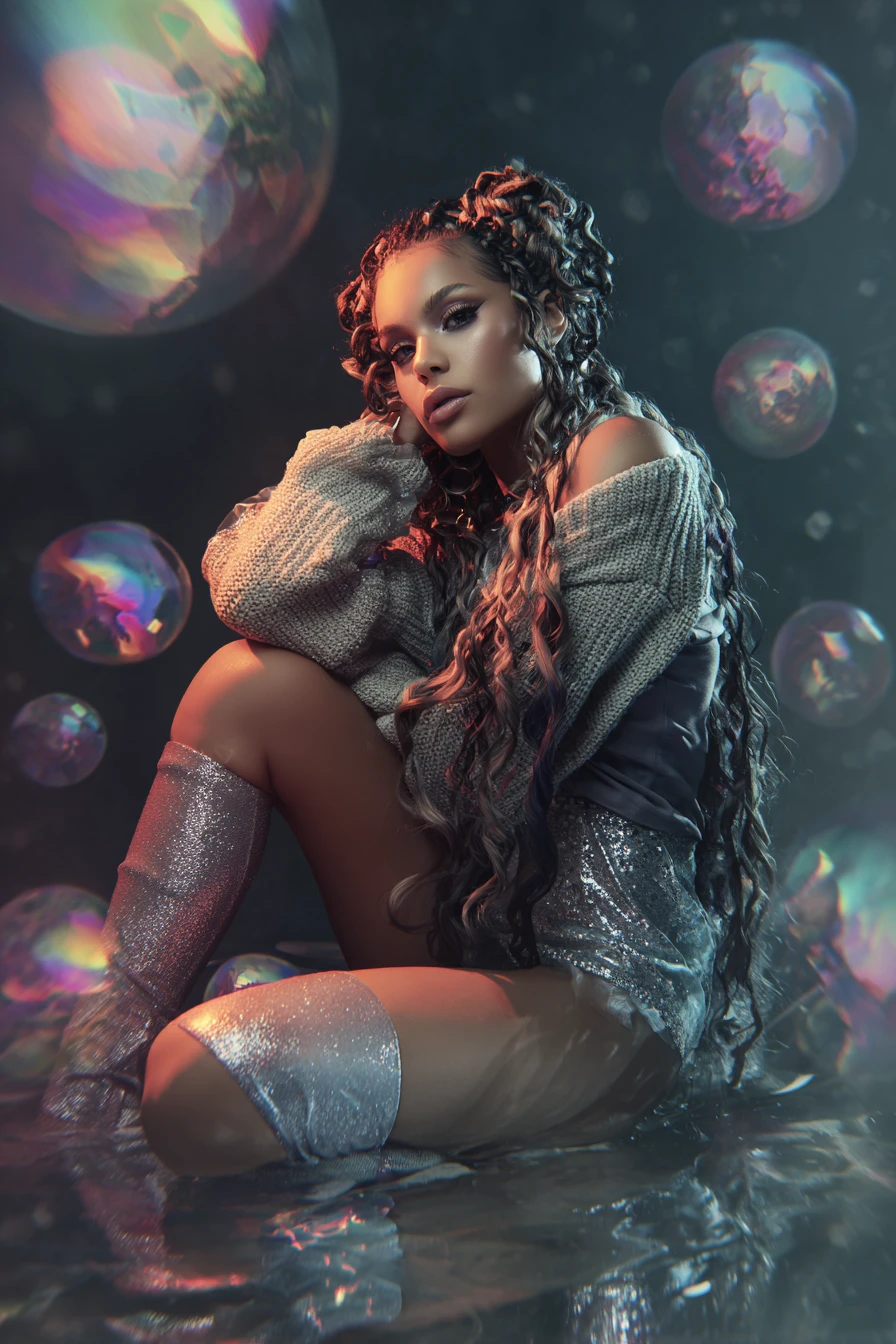 Surreal woman sitting in a pond with floating paint orbs