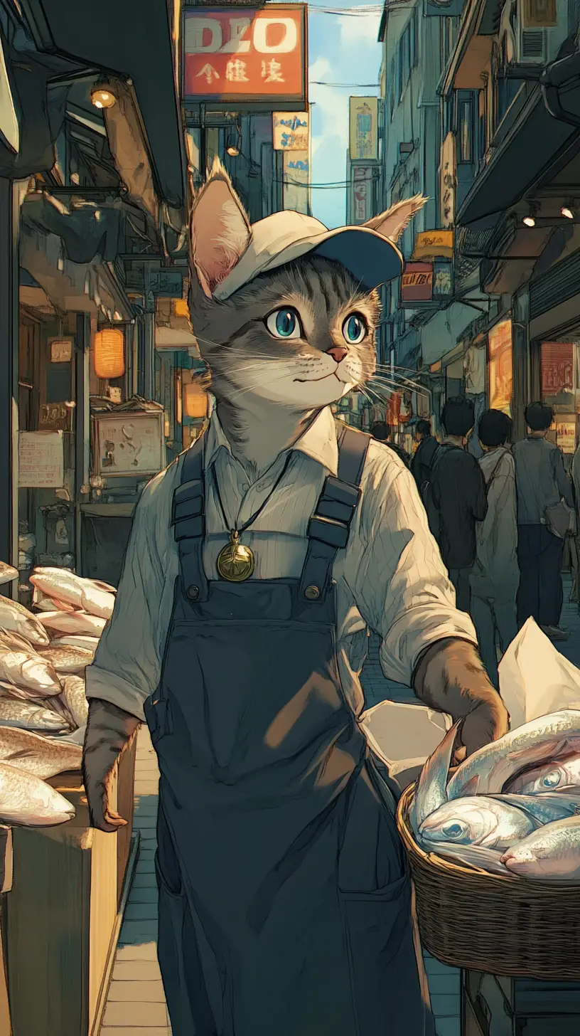Anthropomorphic tabby cat fish courier on busy street