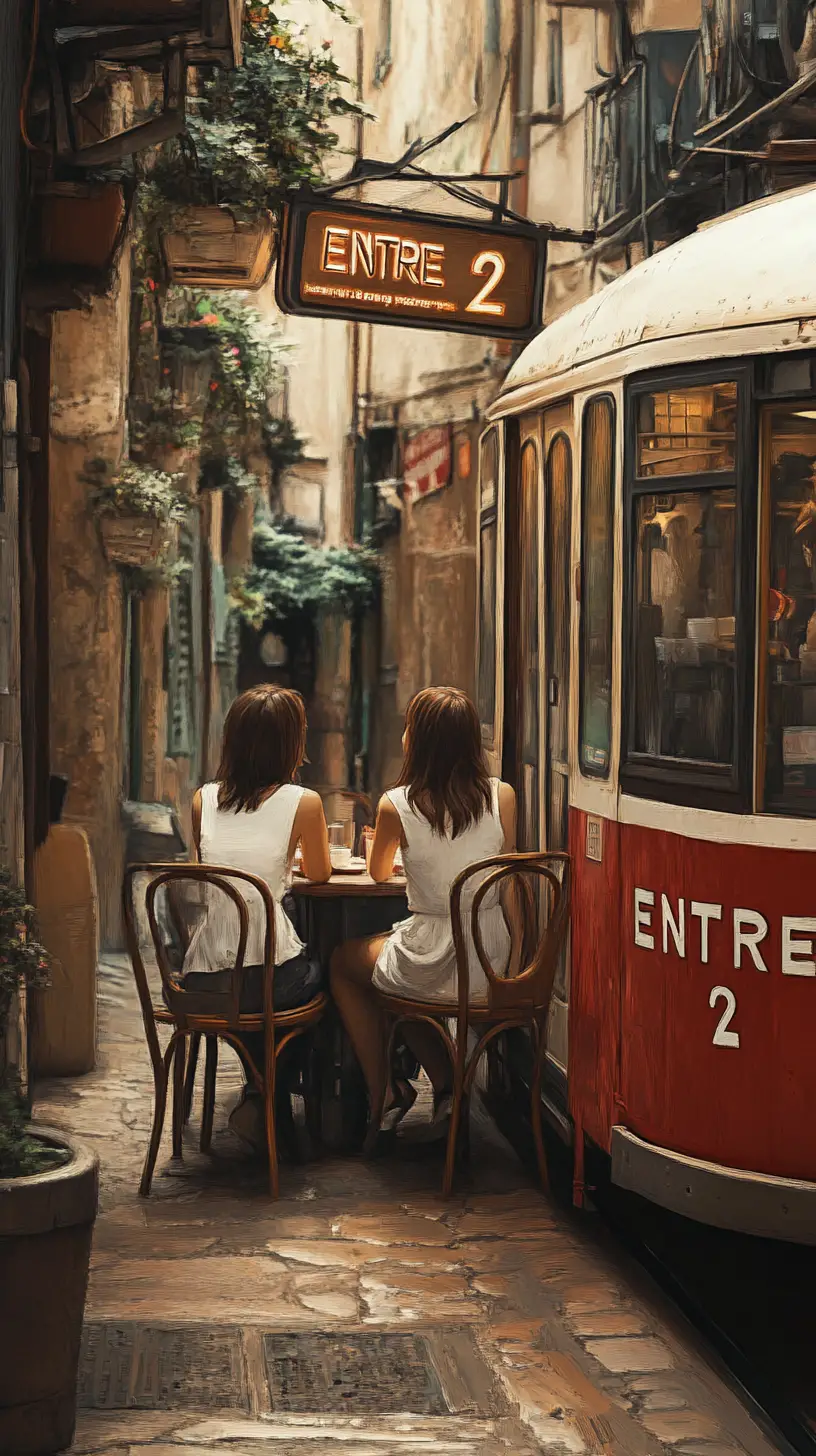Watercolor alley cafe with tram counter and two women
