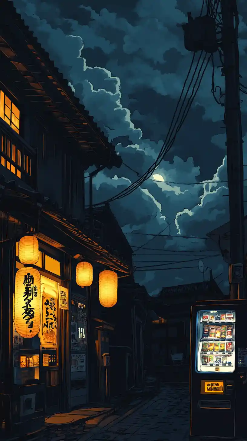 Nighttime Japanese street with lanterns and neon sign