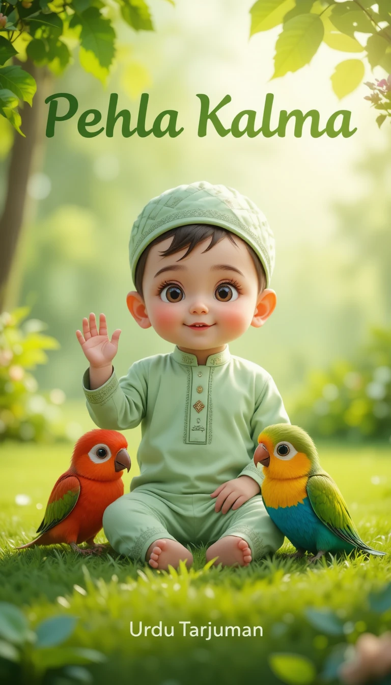Muslim baby boy in green outfit praying in garden