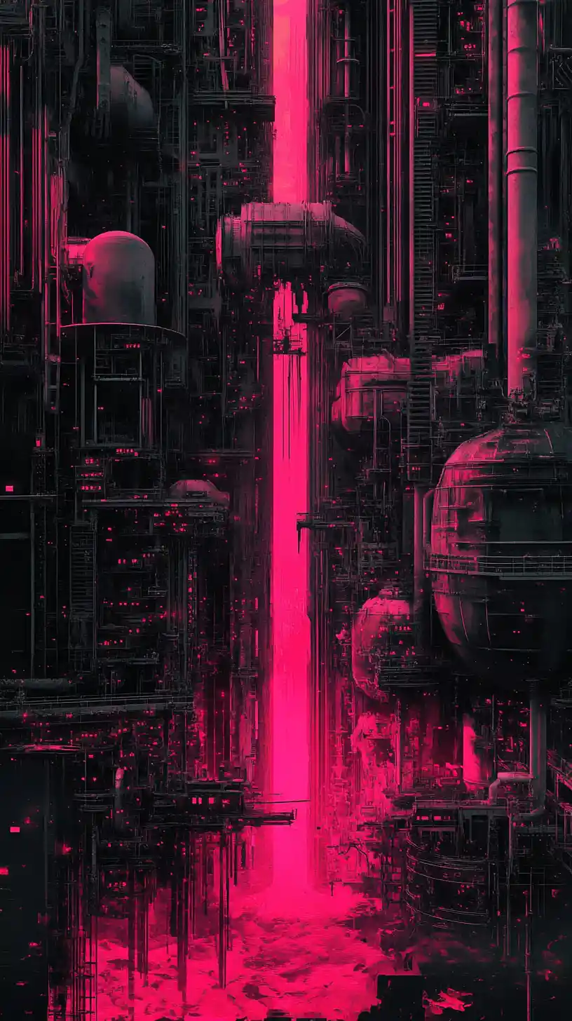 Dystopian industrial city of neon pink machinery