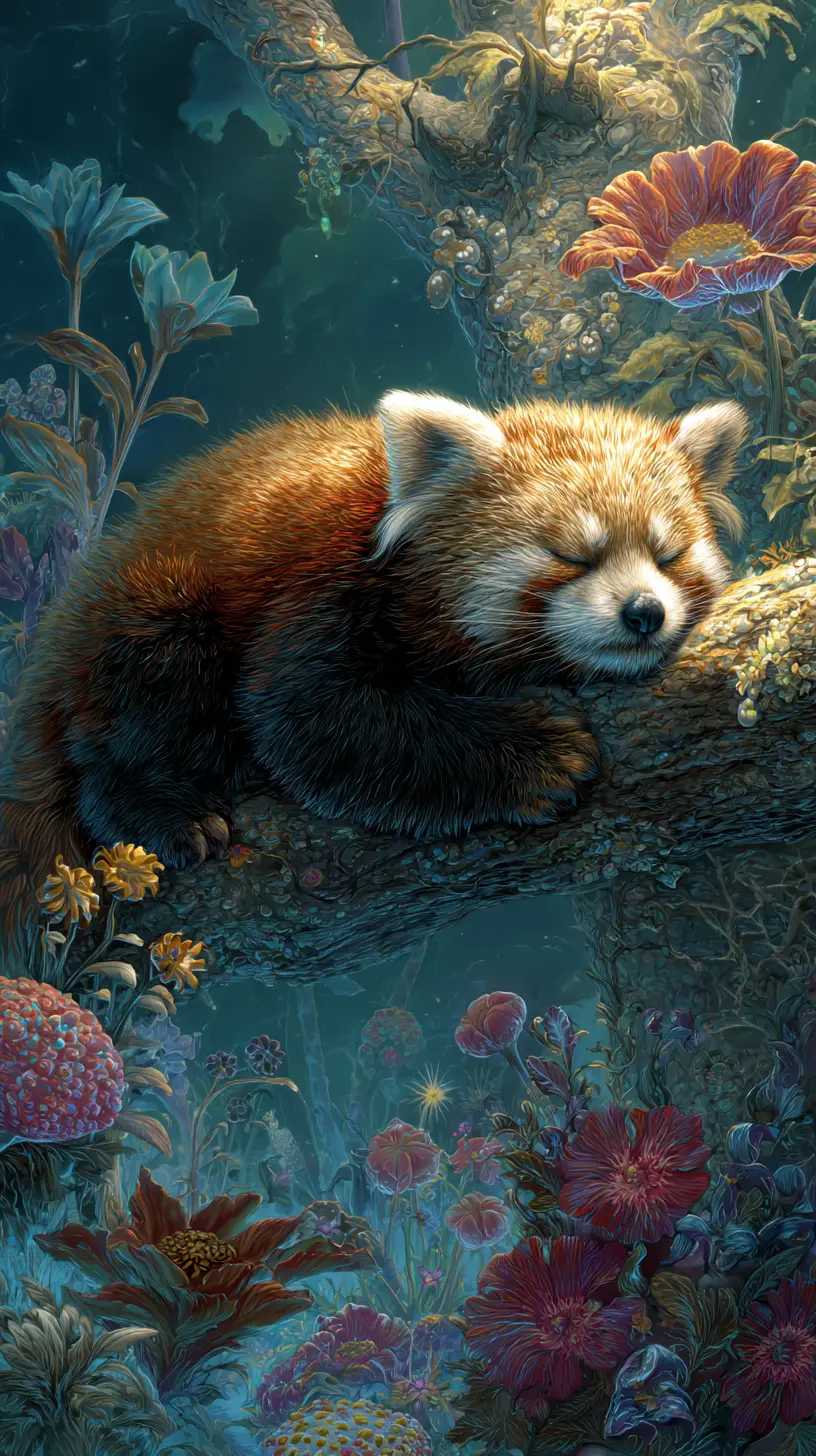 Red Panda Resting In A Glowing Fantasy Tree