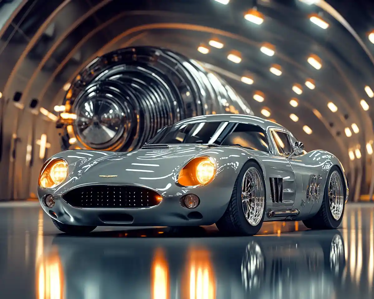 Vintage style sports car in futuristic industrial hall