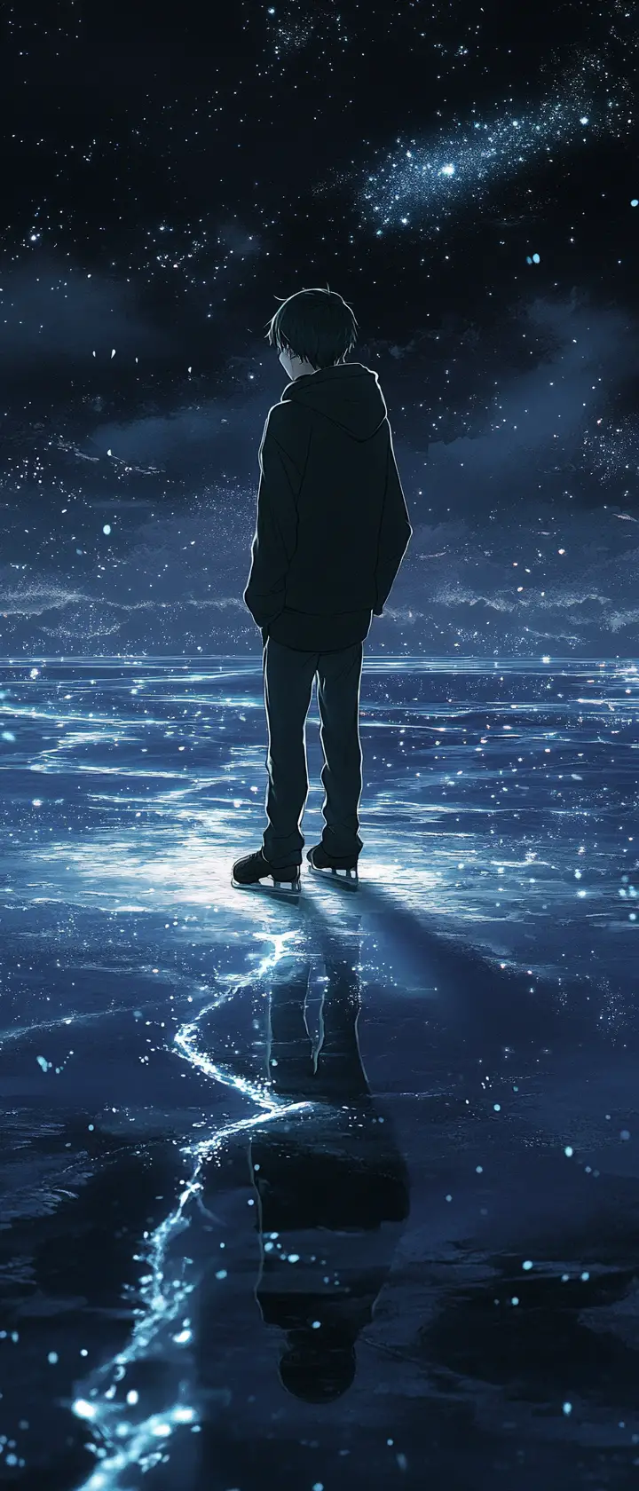 Young man on frozen midnight lake touching cracked ice