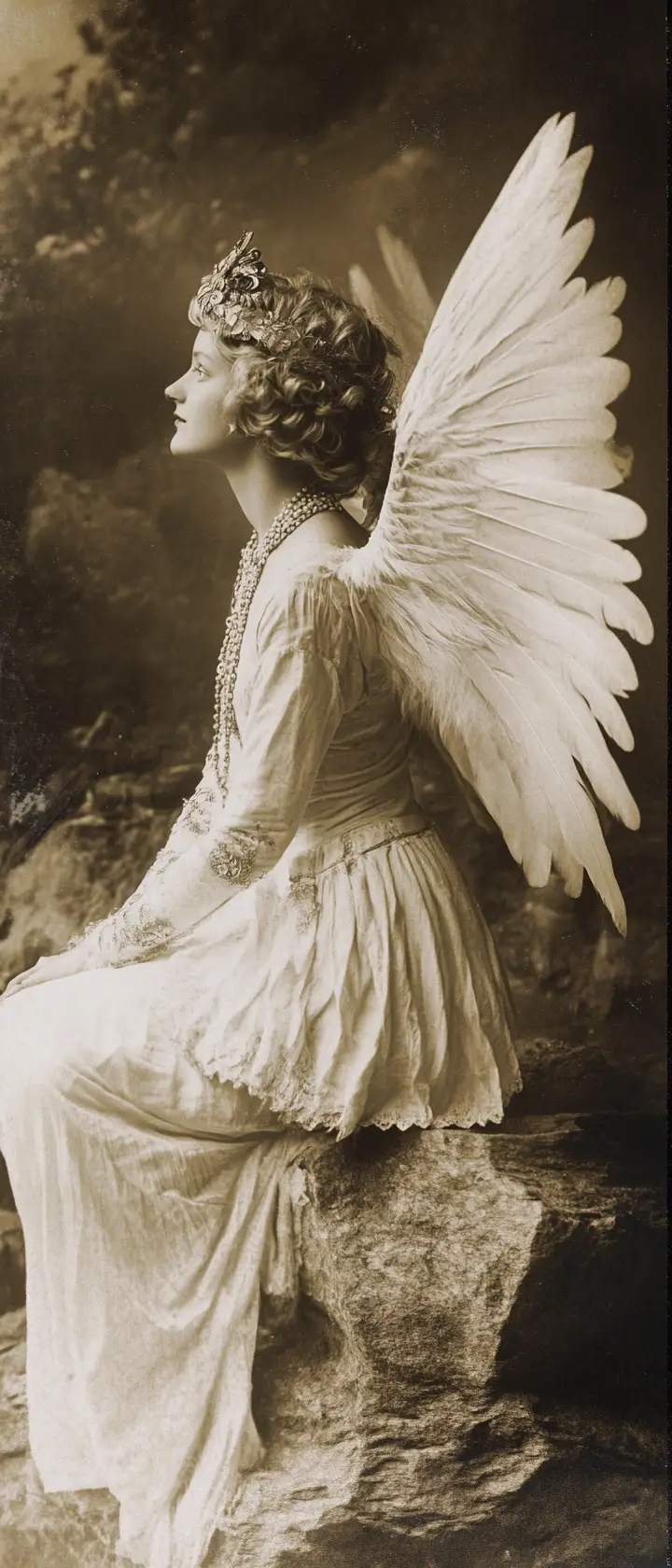 Angel with white hair on a celestial mount olympus cliff