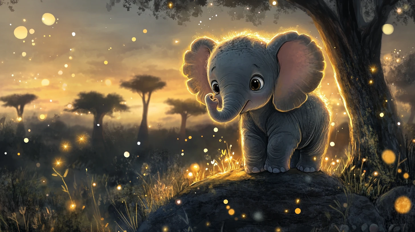 Dolce cucciolo di elefante su una scogliera luminosa al crepuscolo