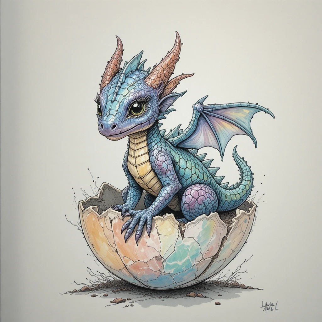 Tiny dragon hatchling resting inside a cracked crystal egg