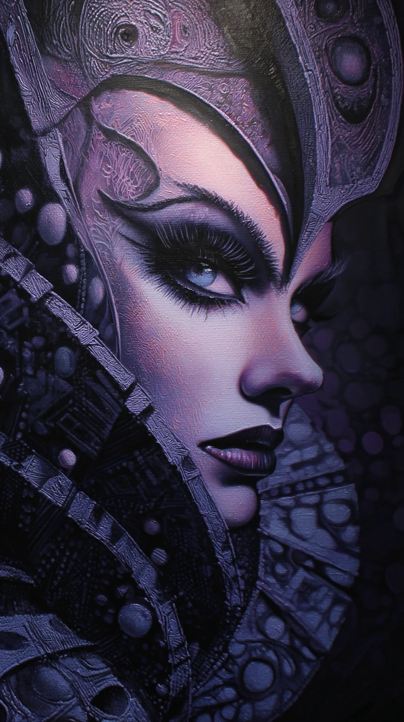 Eerie sci fi woman in alien couture inside nightclub