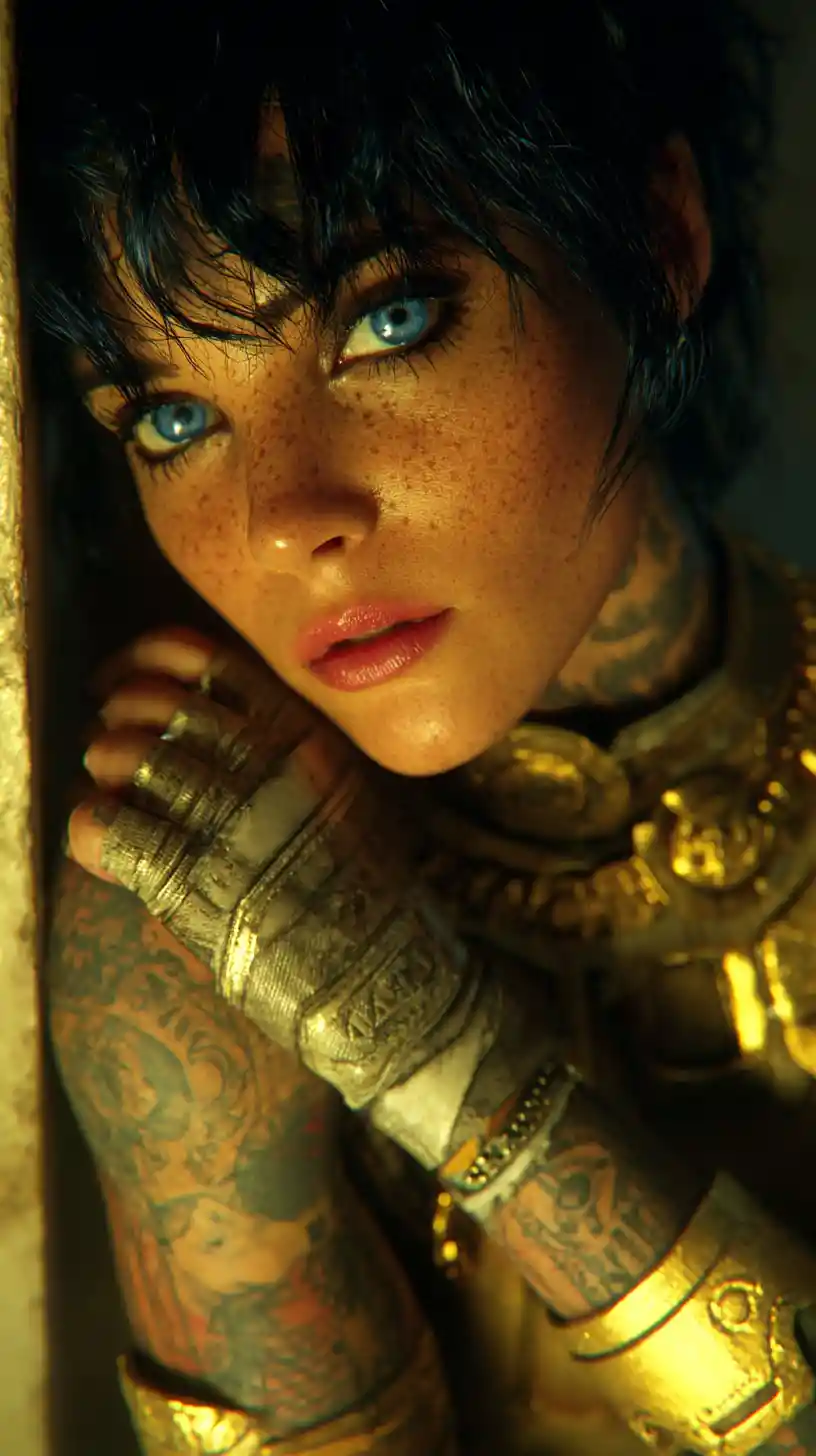 Invincible sci fi Arabian warrior woman in golden armor