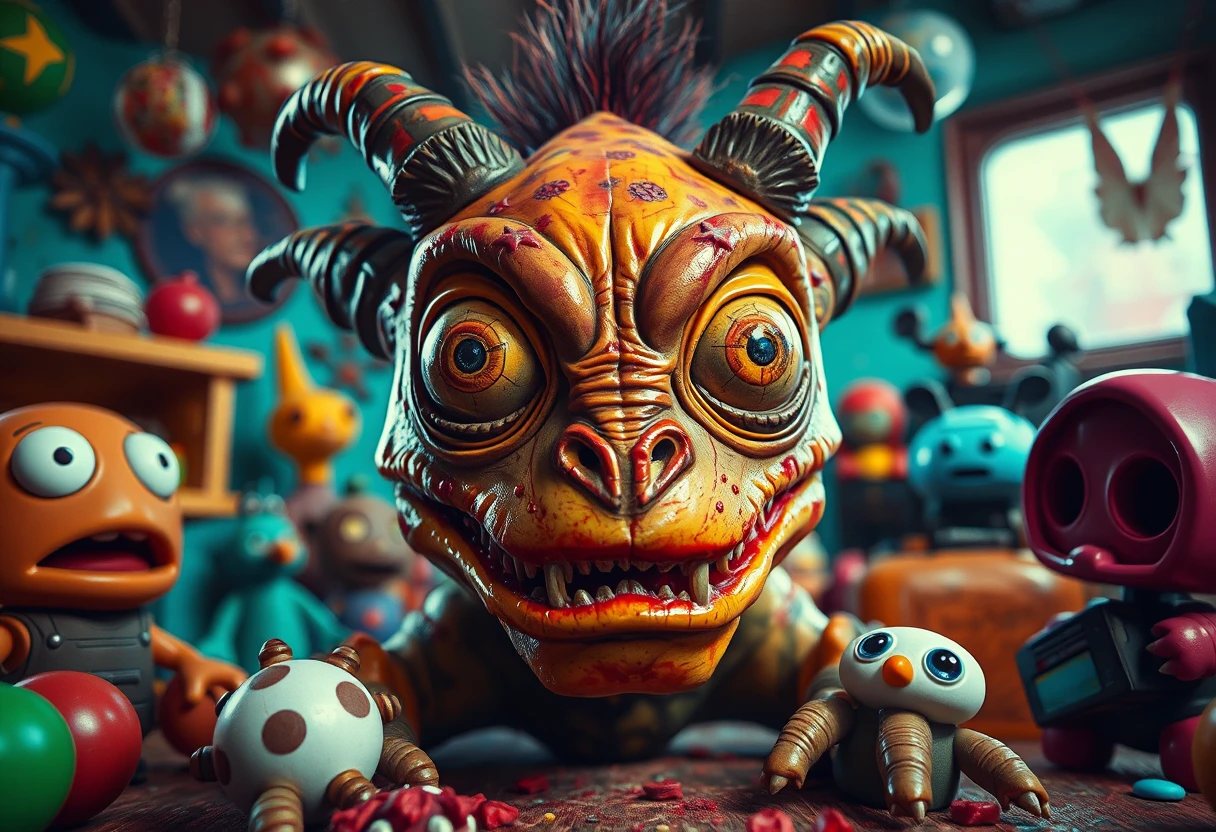 Surreal fantasy creature with playful toys and vivid colors