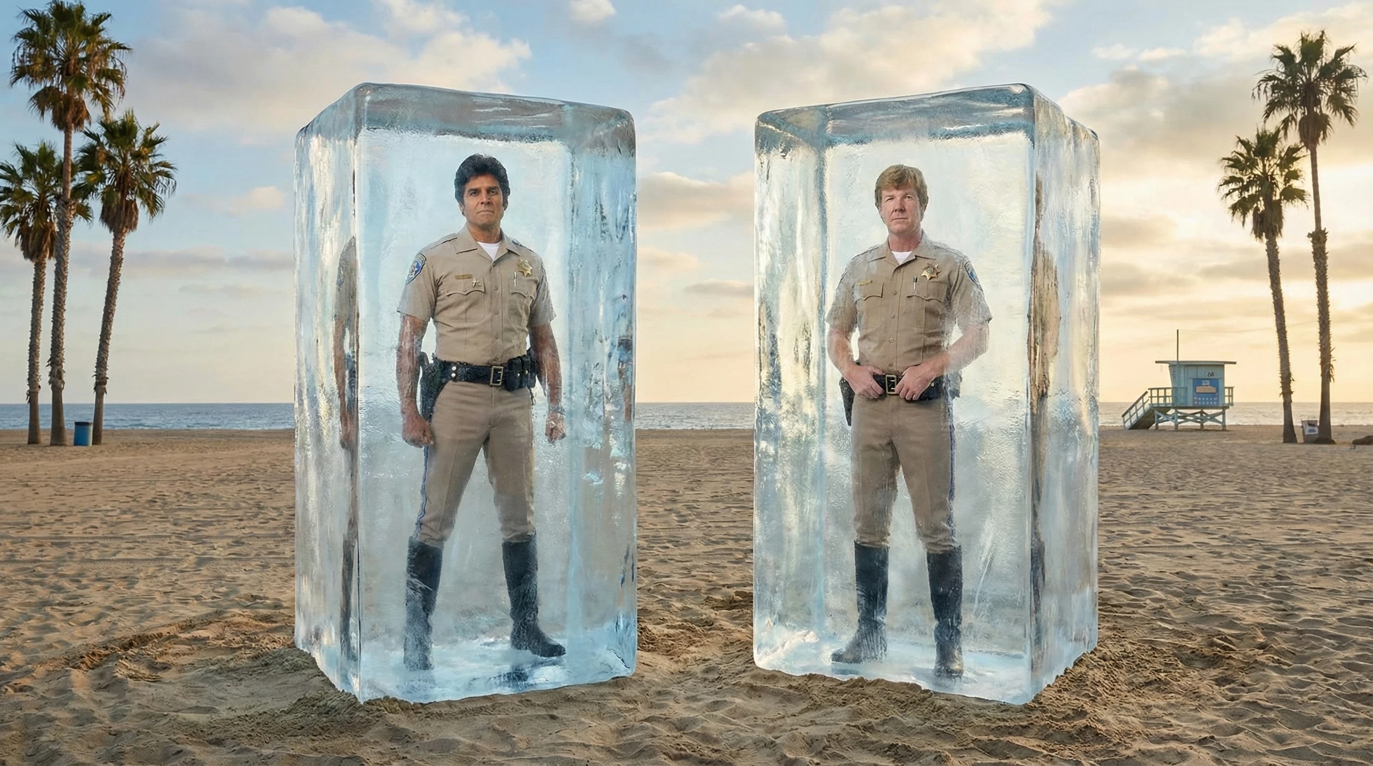Two frozen police officers trapped in ice cubes on beach