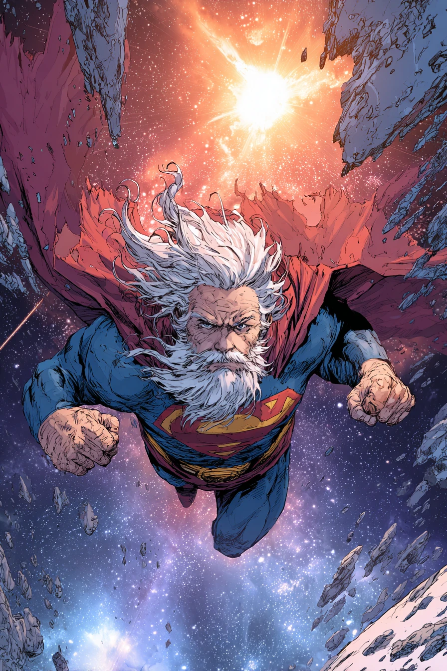 Aged superhero with white hair floating in outer space