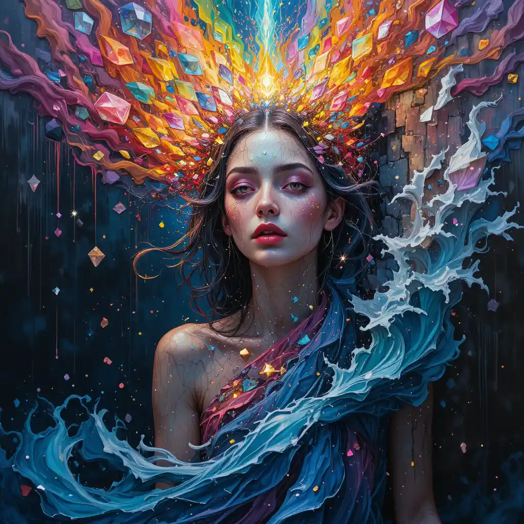 Ragazza surreale che emerge da un quadro incorniciato e luminoso