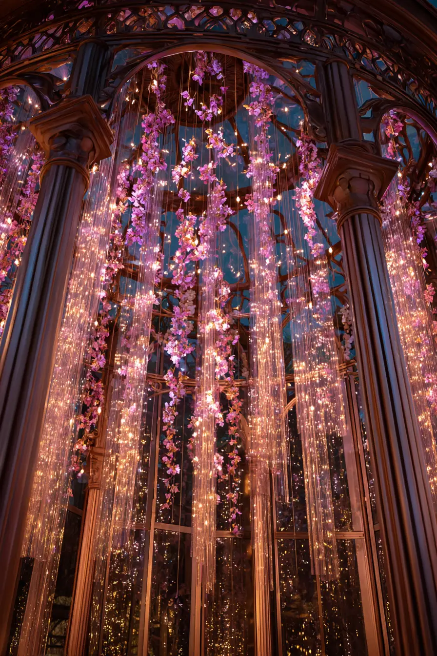 Glowing Glass Pavilion Of Chimes With Cascading Floral Vines