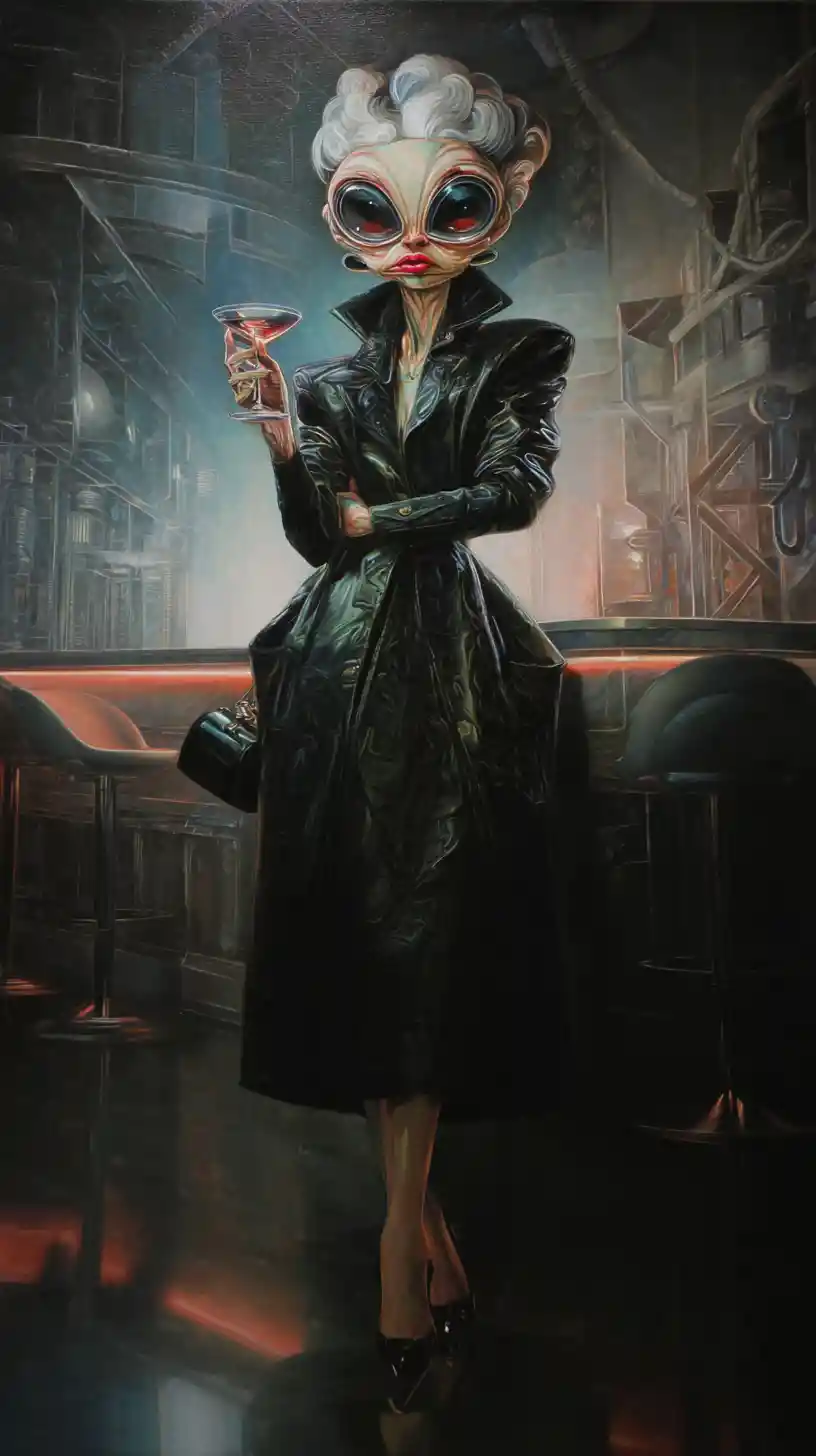 Eerie sci fi woman in surreal nightclub scene
