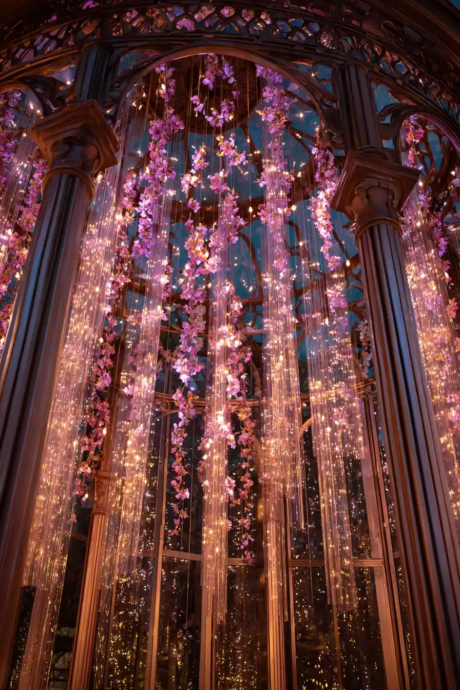 Pabellón de Vidrio Radiante con Campanillas y Enredaderas Florales en Cascada