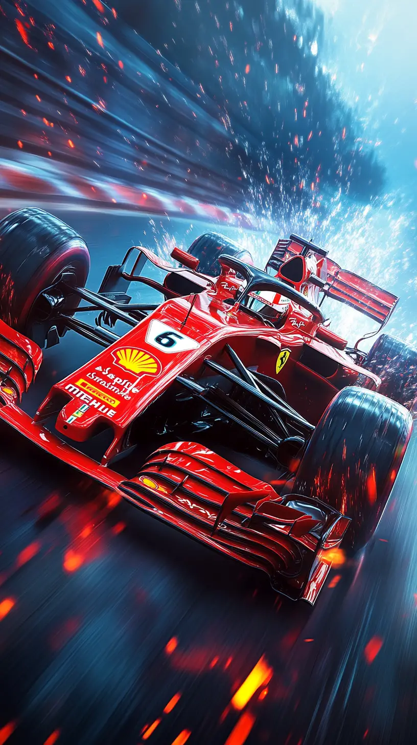 Red formula race car drifting through a fast corner