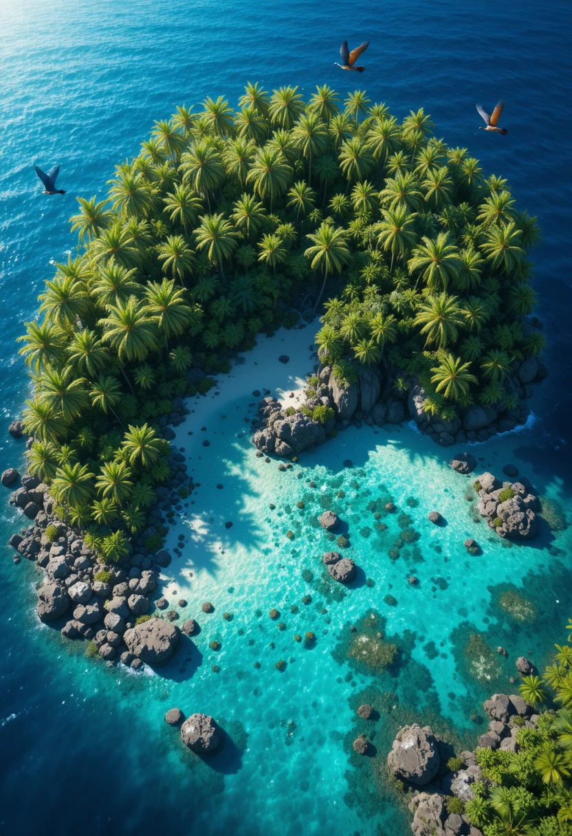 Isola tropicale circondata da oceano turchese vista dall’alto
