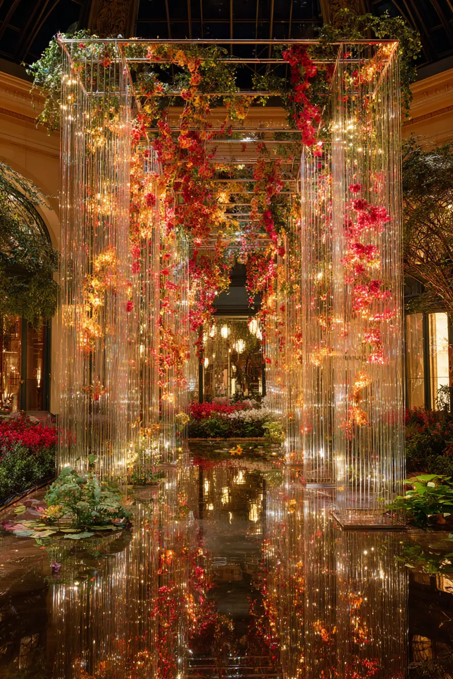 Iridescent glass pavilion with cascading floral vines at night