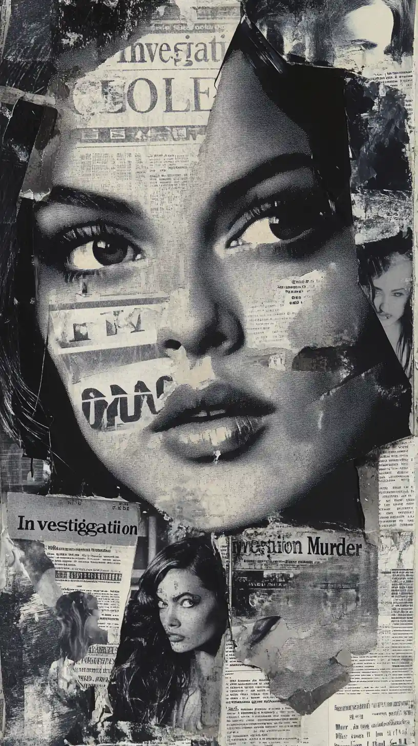Grayscale collage of a fragmented woman face with text