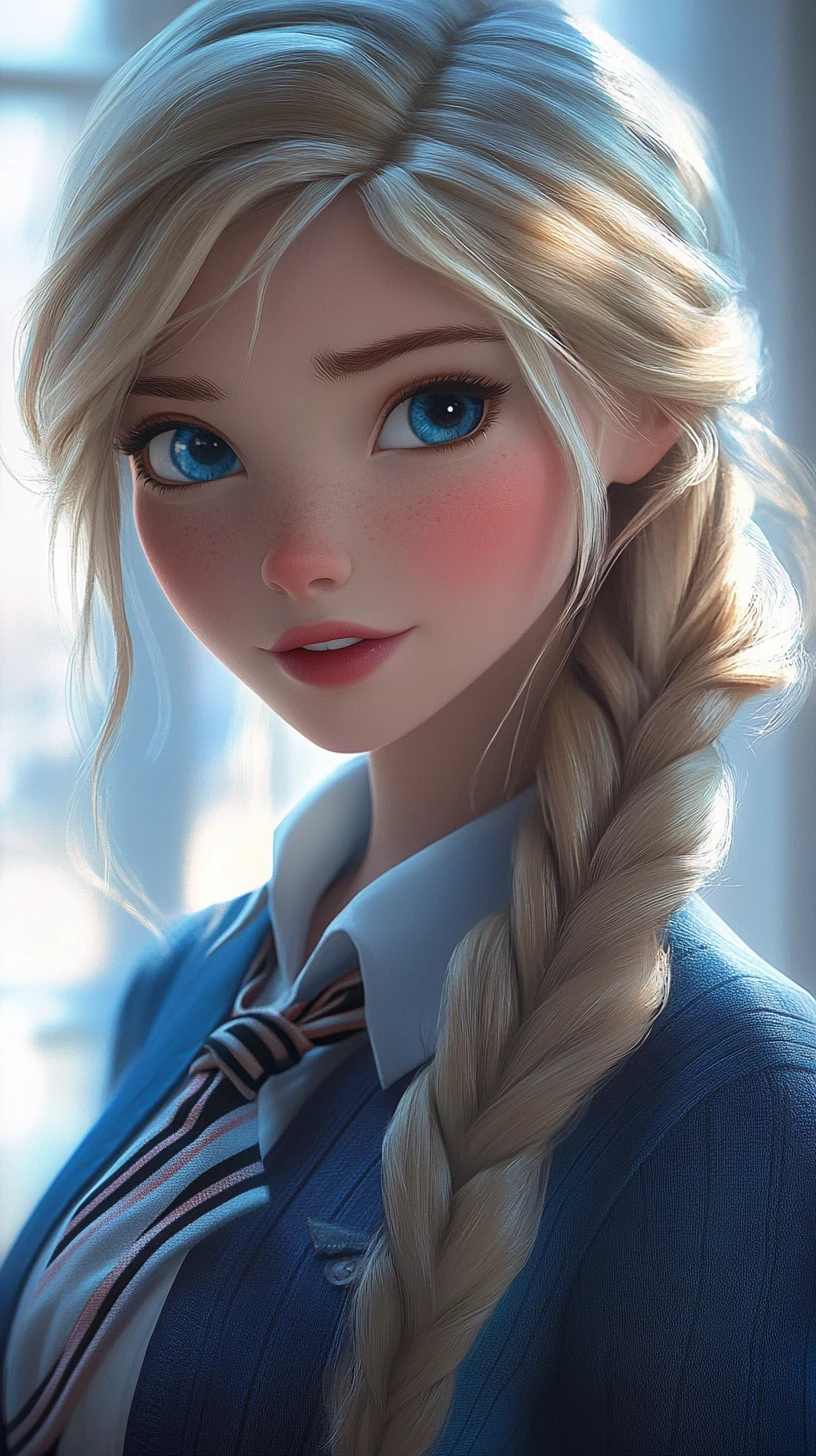 Blonde schoolgirl portrait with dreamy blue eyes in soft light