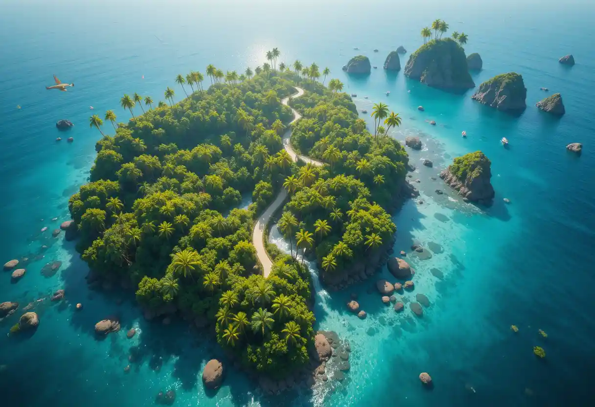 俯瞰碧綠海水上的熱帶島嶼天堂空拍景觀
