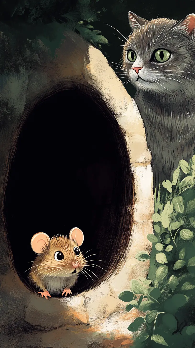 Timid mouse facing a watchful cat at its hole