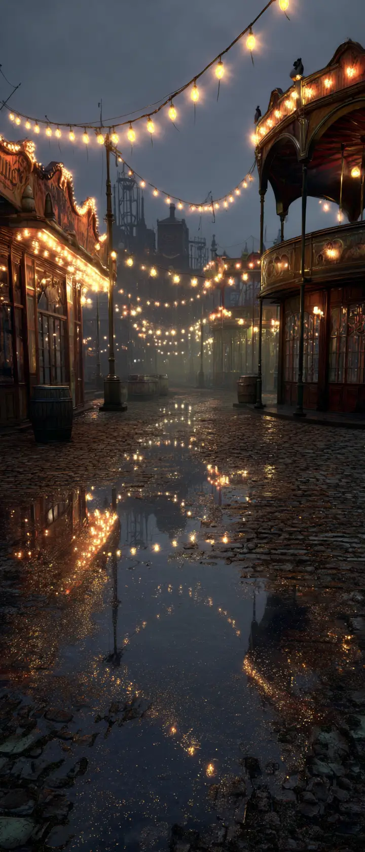 Moonlit steampunk fairground reflected on wet cobblestone streets