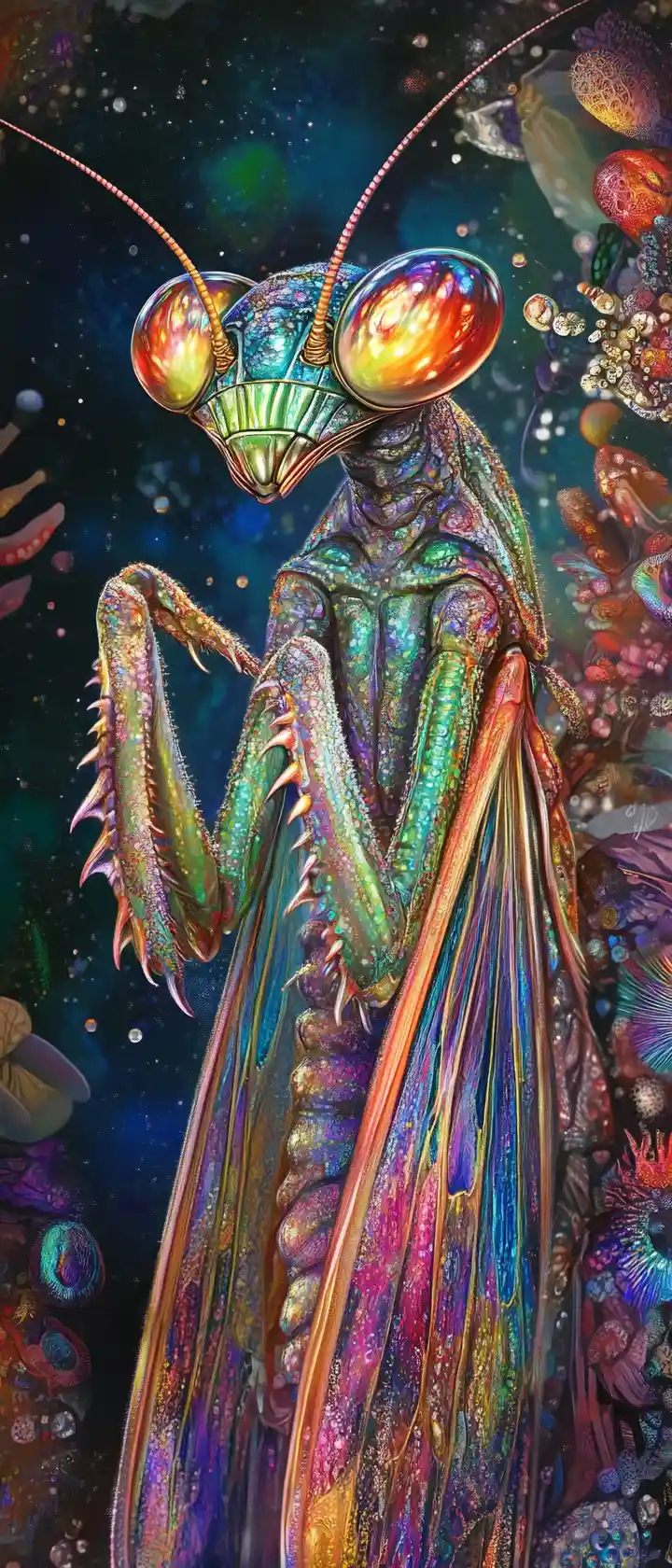 色彩繽紛金屬身體的沉思奇幻螳螂
