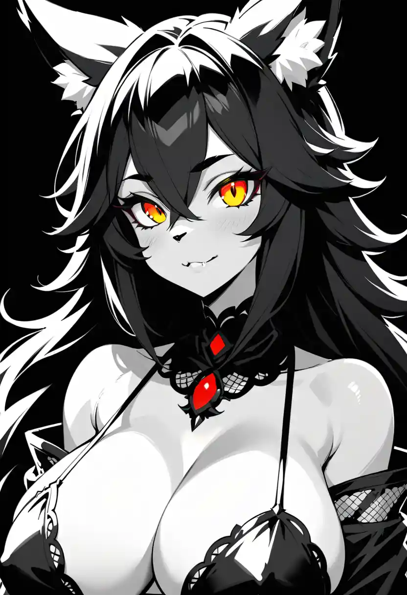 Monochrome gothic fox woman close up on black background