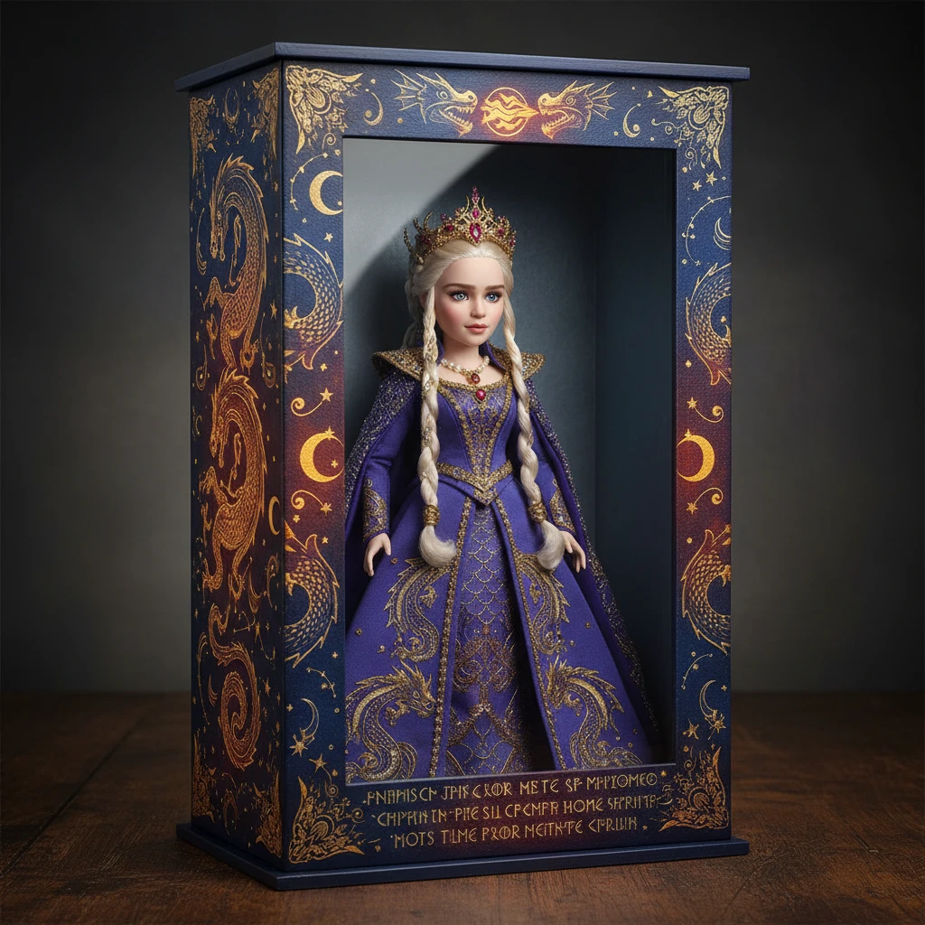 Porzellanpuppe im königlichen Fantasy-Kostüm in aufwendig gestalteter Vitrine