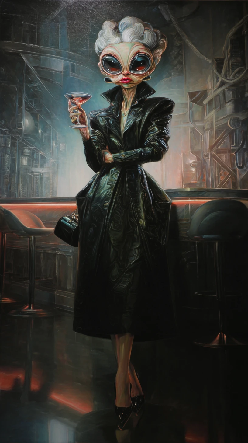 Eerie sci fi woman in surreal nightclub scene