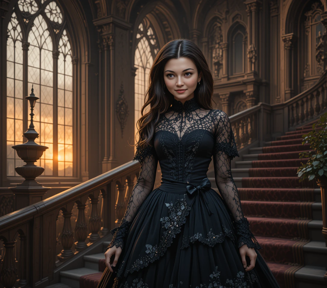 Gothic girl in black victorian dress on palace staircase