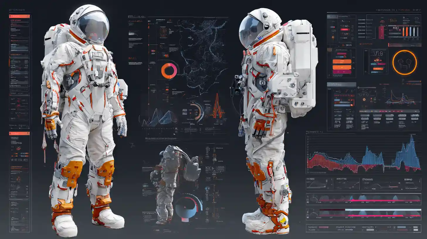 Futuristic white space suit engineering diagram in 3D