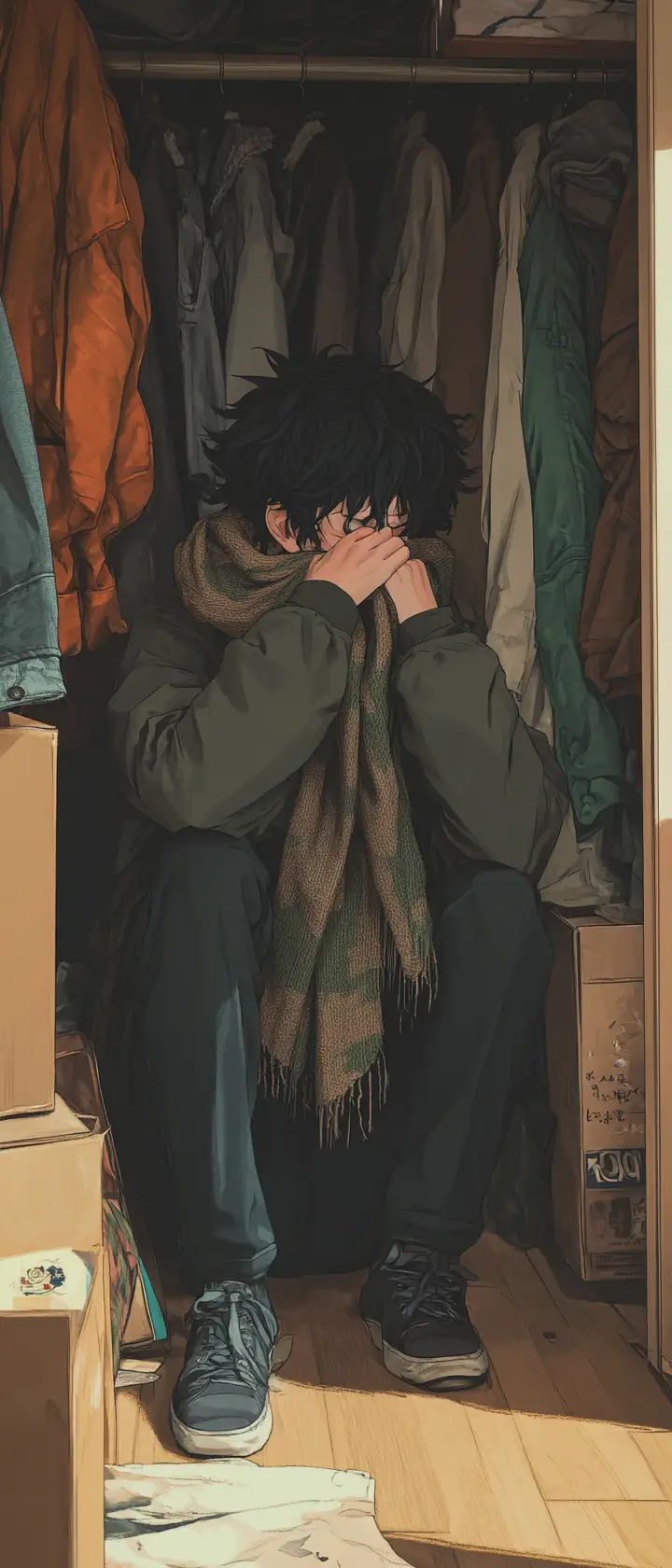 Teenage boy grieving alone in his childhood closet