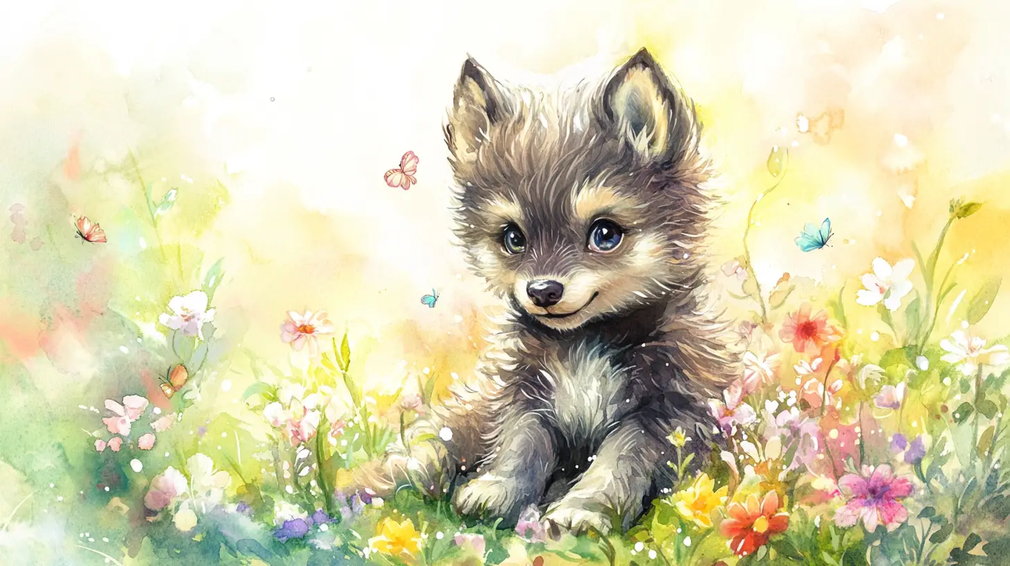 Cute baby wolf pup in a sunny watercolor meadow