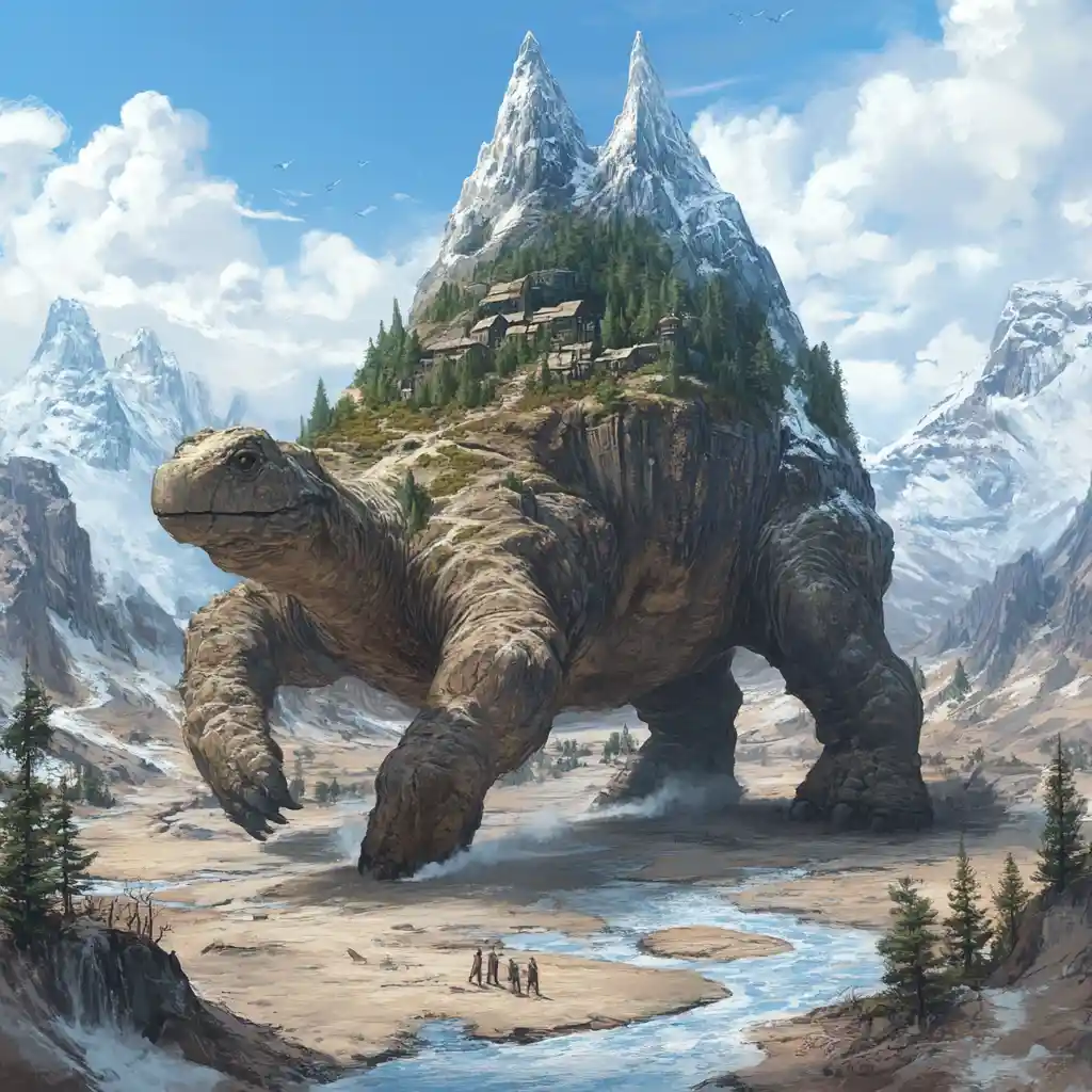 Enorme tartaruga del deserto che porta un mondo di foresta montana
